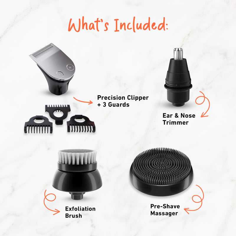 [Australia] - Groomie 7-Piece Men's Hair Clippers & Grooming Kit - Includes Precision Clipper, 3-5-7mm Clipper Guards, Ear & Nose Trimmers, Exfoliation Brush, and Pre-Shave Massager - Perfect for Beginners 