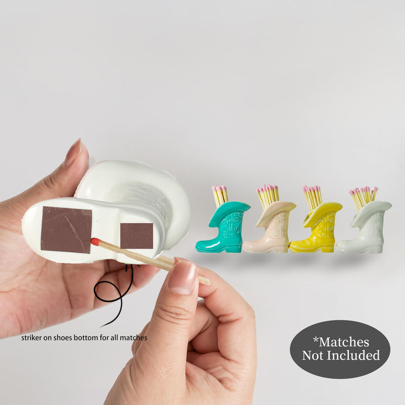[Australia] - Cowboy Boot Match Holder With Striker - Ceramic cowgirl boots coastal Western home decor aesthetic, Matchesboxes For pink Bathroom Bedroom Glossy White 