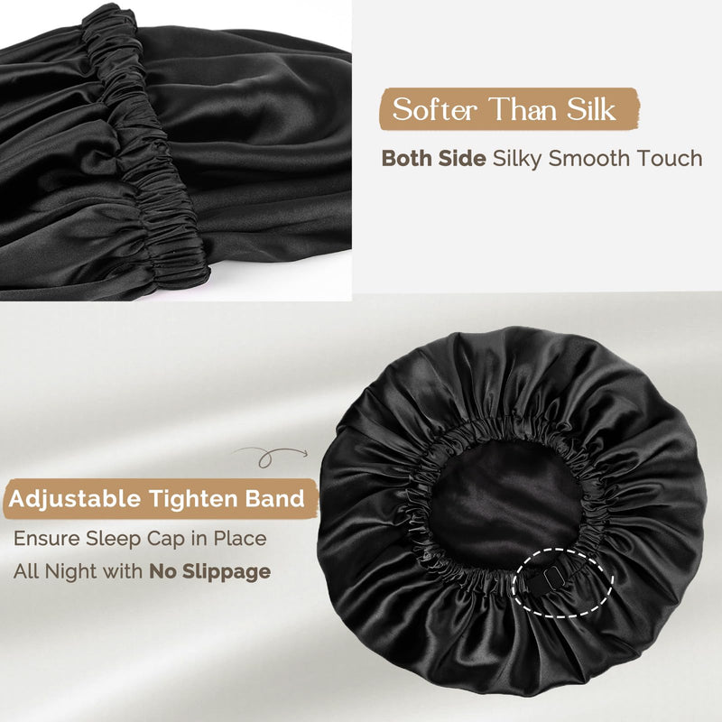 [Australia] - YANIBEST Silk Bonnet for Sleeping Satin Bonnet Hair Bonnets for Women and Men Double Layer Ajustable Bonnet for Curly Braids Hair Large 02-black 