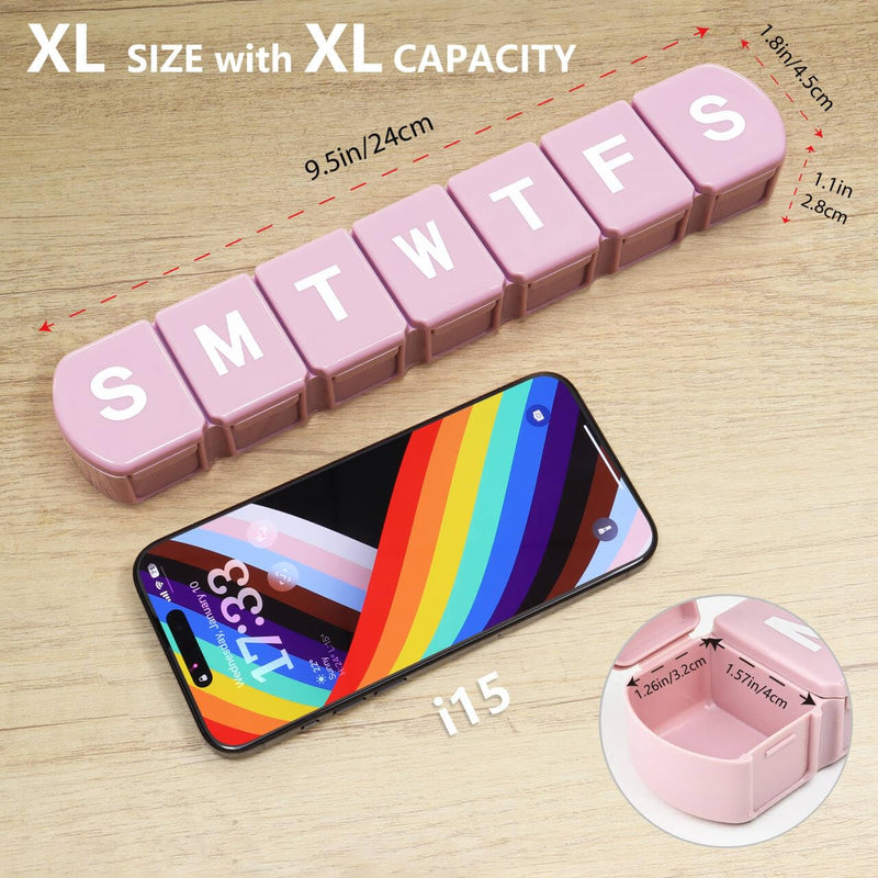 MOLN HYMY Extra Large Weekly Pill Organizer 7 Day, XL 1 Week Pill Dispenser Case, Daily Medicine Organizer to Hold Vitamin Filsh Oil and Supplements (Pink) Purple Pink
