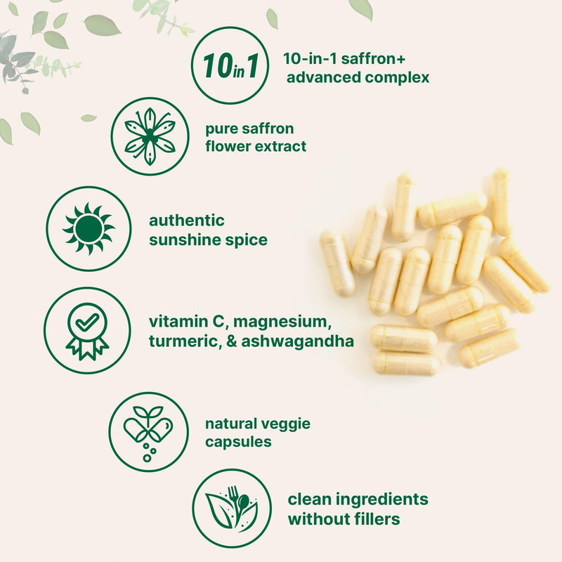 [Australia] - Saffron+ Advanced Supplements, 60 Veggie Capsules | 10-in-1 with Saffron Extract, High Absorption Fat-Soluble Vitamin C, Magnesium, Turmeric & KSM-66 Ashwagandha| Mood & Energy Support* | Filler Free 