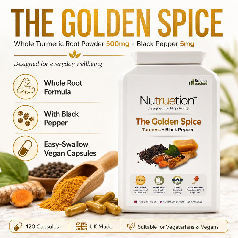 Turmeric with Black Pepper Capsules 500mg | Whole Turmeric Root Powder + 5mg Black Pepper | 120 Vegan Capsules | UK Made Turmeric Supplement