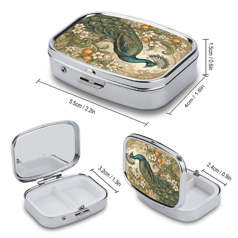 Metal 2 Compartment Pill Organizer Travel Friendly Portable Compact Pill Box Cute Pill Case,for Pocket Wallets Daily Portable Medicine Vitamin Tablet Storage (Beautiful Peacocks) Beautiful Peacocks