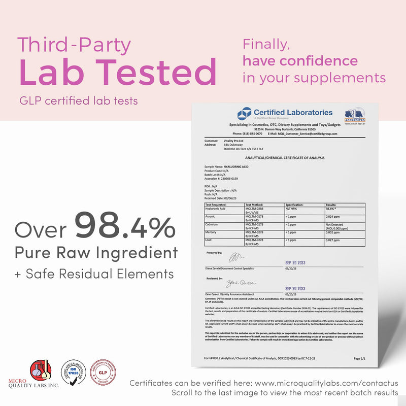 vP Vitality Pro Hyaluronic Acid 316mg x 120 Capsules | Third Party Tested, Over 98.4% Purity, High Molecular Weight Supplement