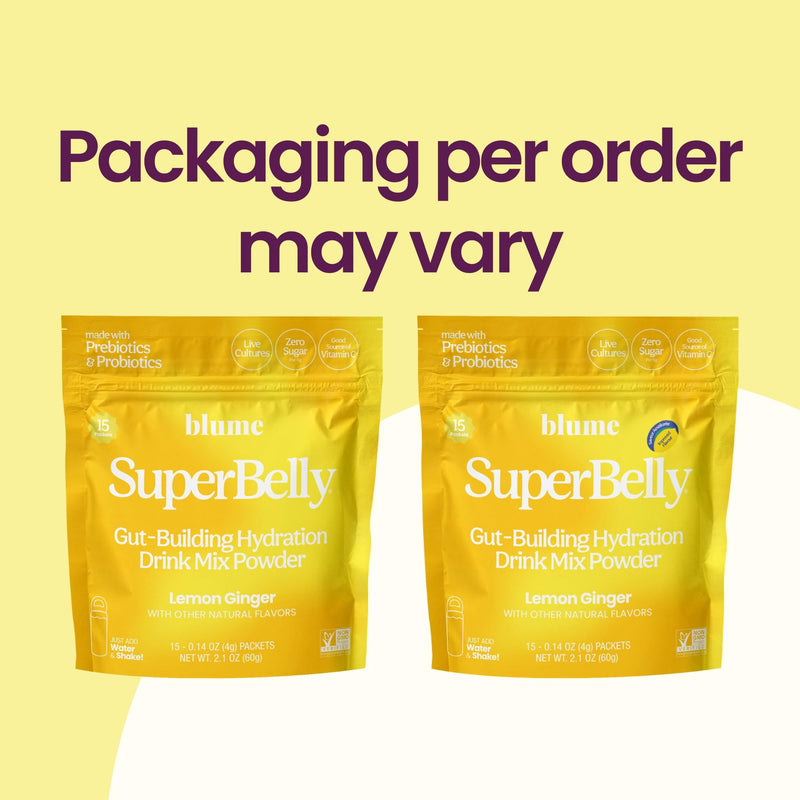 Blume SuperBelly Gut Health + Hydration, Daily Sugar Free Probiotics, Prebiotic Fiber, and Electrolytes Powder Packets for Digestion Support, Stacked Water - Lemon Ginger, 15 Sticks