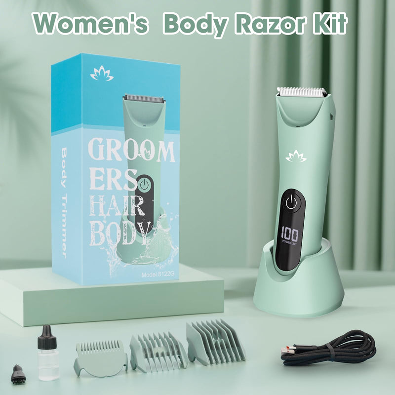 [Australia] - Bikini Trimmer for Women, Painless Pubic Hair Trimmer for Armpit Leg Arm Body Private Area,Rechargeable Womens Electric Razors Shaver LED Light Ceramic Blade IPX7 Waterproof Wet/Dry LCD Display,Green Green 
