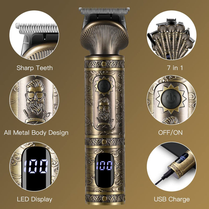 [Australia] - Beard Trimmer Kit Professional Hair Clipper Zero Gapped T-Blade Electric Shaver Razor Nose Body Trimmer for Men Cordless Grooming Kit 7 in 1 Bronze 