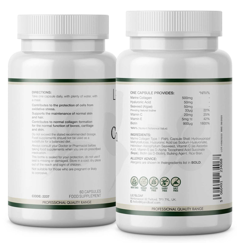 Lily & Loaf Collagen Plus Capsules – Marine Collagen with Hyaluronic Acid, Biotin & Vitamin C, 60 Capsules