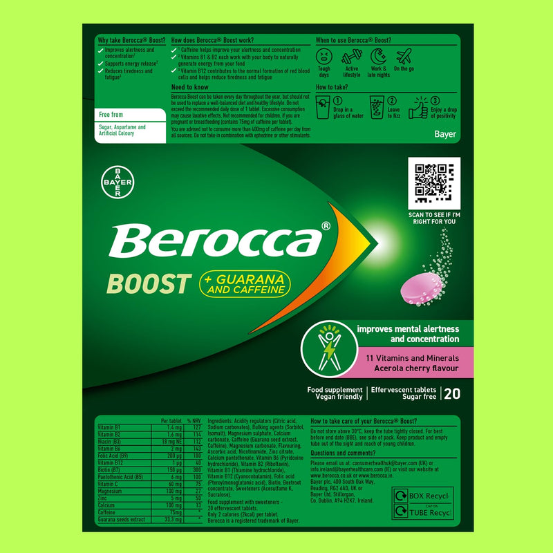 Berocca Boost Effervescent Tablets with Guarana, Caffeine and Vitamin B12, Also Contains Vitamin C and Magnesium, 1 Pack of 20-3 Weeks Supply
