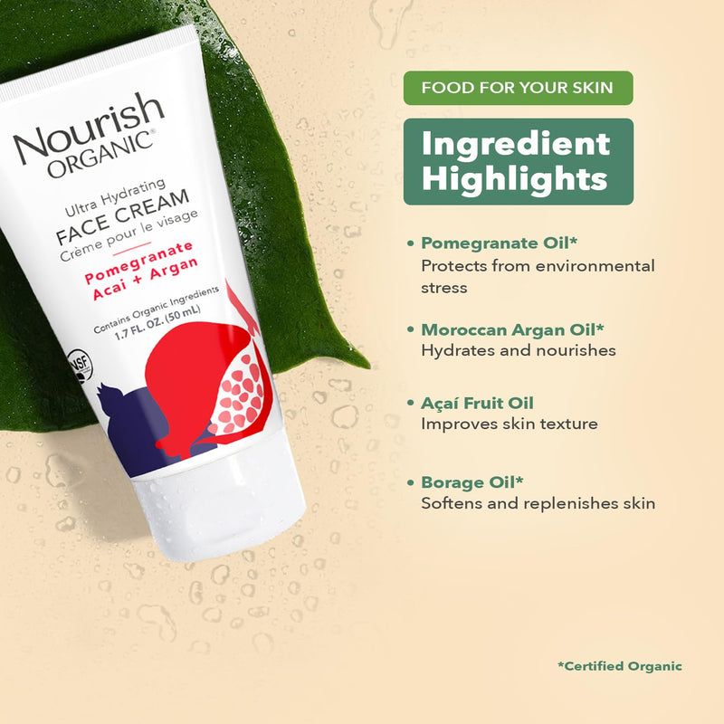 Nourish Organic Face Cream, Pomegranate Acai + Argan – Ultra Hydrating Formula with Aloe Vera & Green Tea Extract, 1.7 Oz + Washable Cotton Round white 1 Count (Pack of 1)