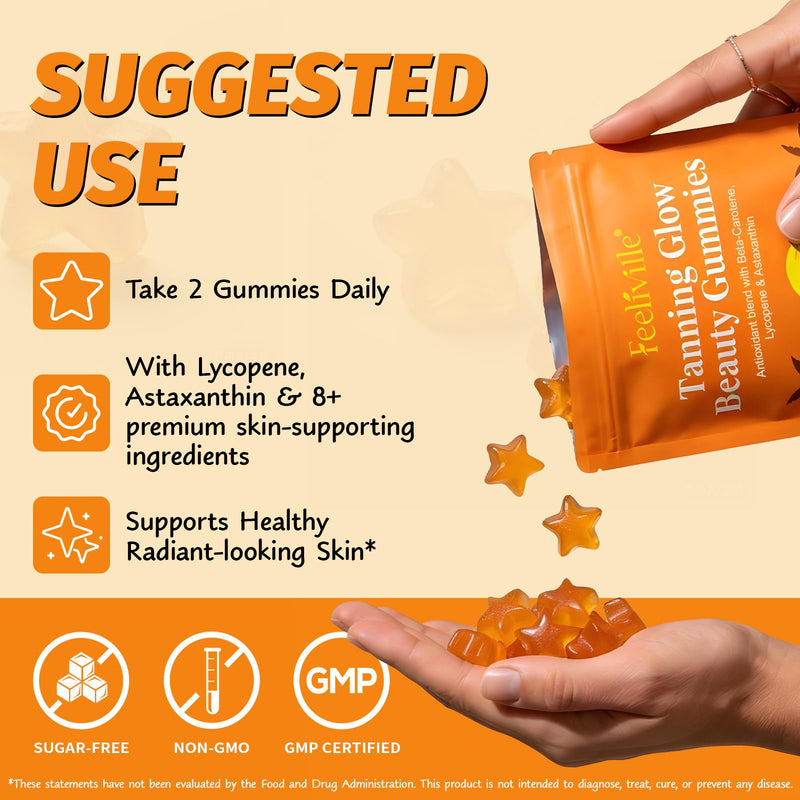 Tanning Gummies, Tanning Supplement with Beta-Carotene, Astaxanthin, Lycopene & Vitamins, Supports Skin Radiance & Hydration, Sugar Free & Gluten Free, 60 Count