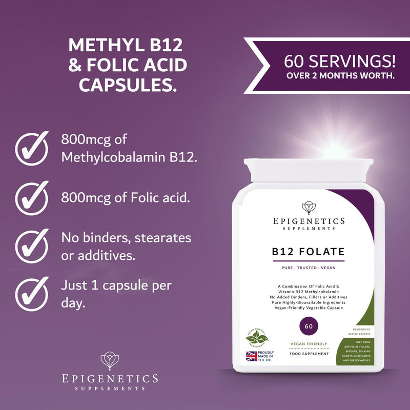 Vitamin B12 + Folate | High Strength 800mcg Folic Acid + 800mcg Methyl B12 as Methylcobalamin | 60 Vegan Capsules UK Made by Epigenetics Supplements