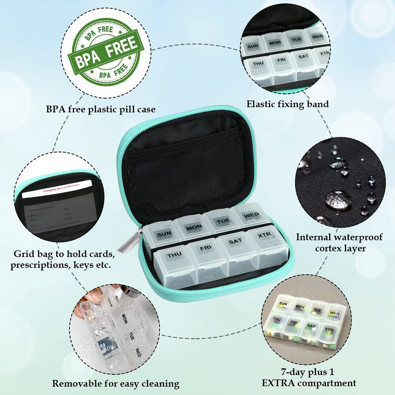 Serfeymi Weekly Travel Pill Organizer Pill Case for Purse with Removable 7 Day Pill Box, Fashionable Travel Medicine Organizer Pill Container for Medicine, Vitamin, Supplement - Black 01 + Green 01 2 Cases + 2 Boxes C. Black 01 + Green 01