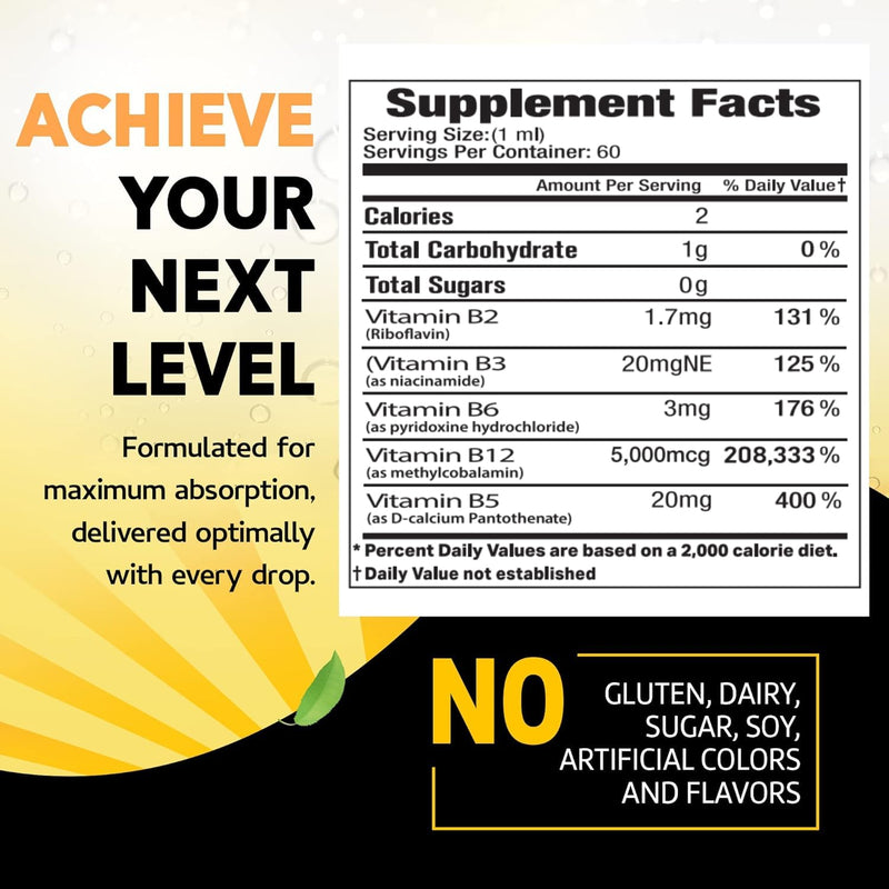 Vitamin B12 Liquid Drops - 60 x 5000 mcg Vegan B12 Sublingual | Extra Strength Raspberry Flavored Methylcobalamin B-12 Supplement Designed to Maximize Absorption & Energy, Gluten Free