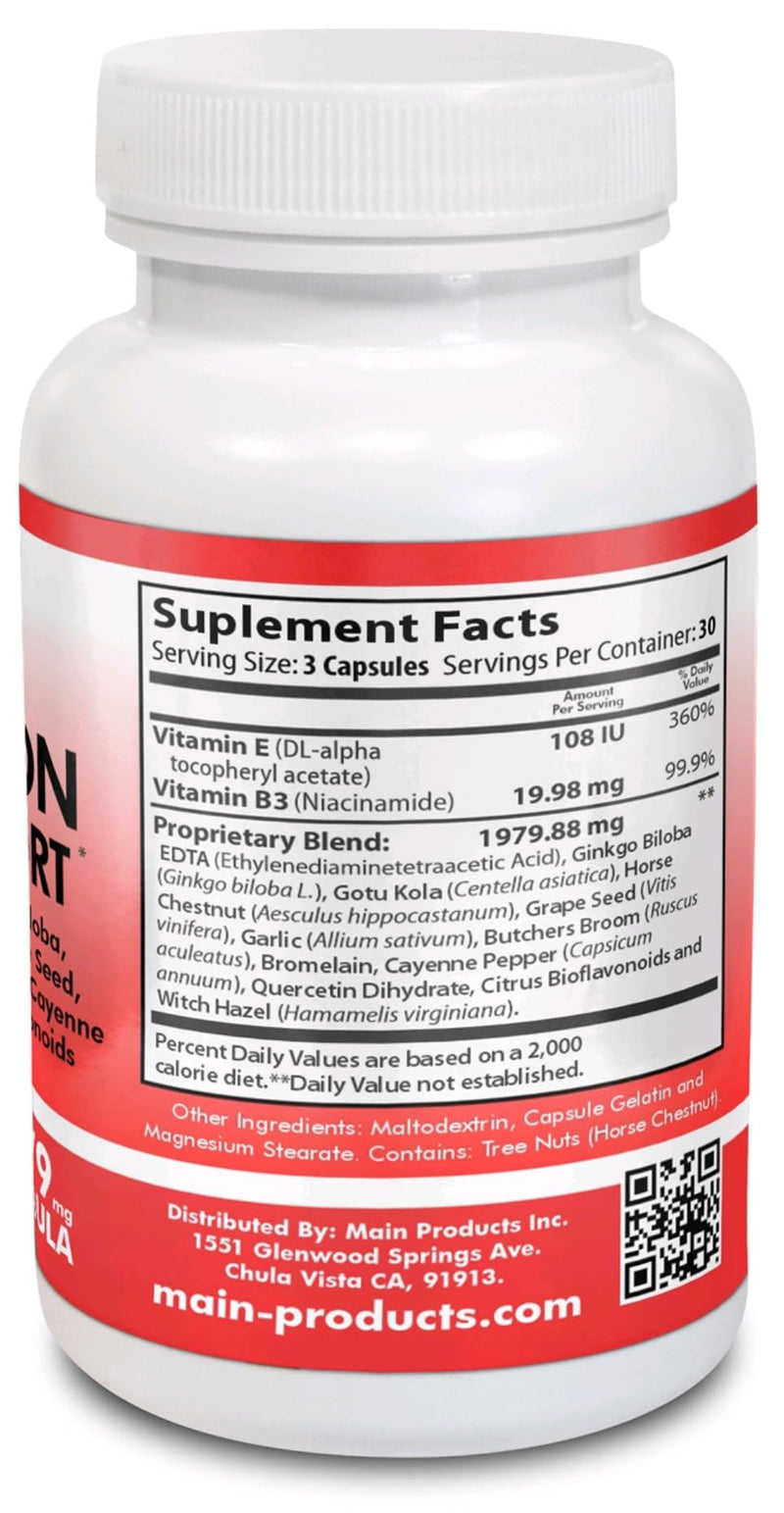 Circulation & Vein Support Supplement - Vitamins E & B3, Ginkgo Biloba, Horse Chestnut, Gotu Kola, Grape Seed, Butcher's Broom & Citrus Bioflavonoids - 1979 mg Formula - 90 Capsules - 30 Days Supply.