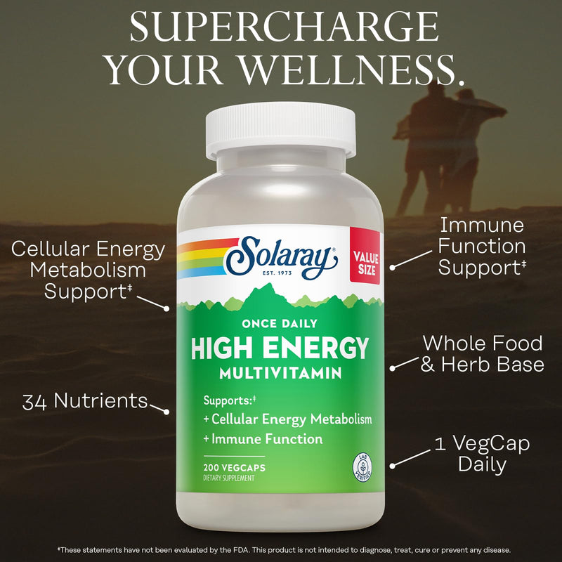 SOLARAY Once Daily High Energy Multivitamin for Women and Men, 200 VegCaps | Cellular Energy & Immune Support - 34 Vitamins, Minerals, Whole Foods & Herb Base - 200 Servings - Lab Verified Unflavored 200 Count (Pack of 1)