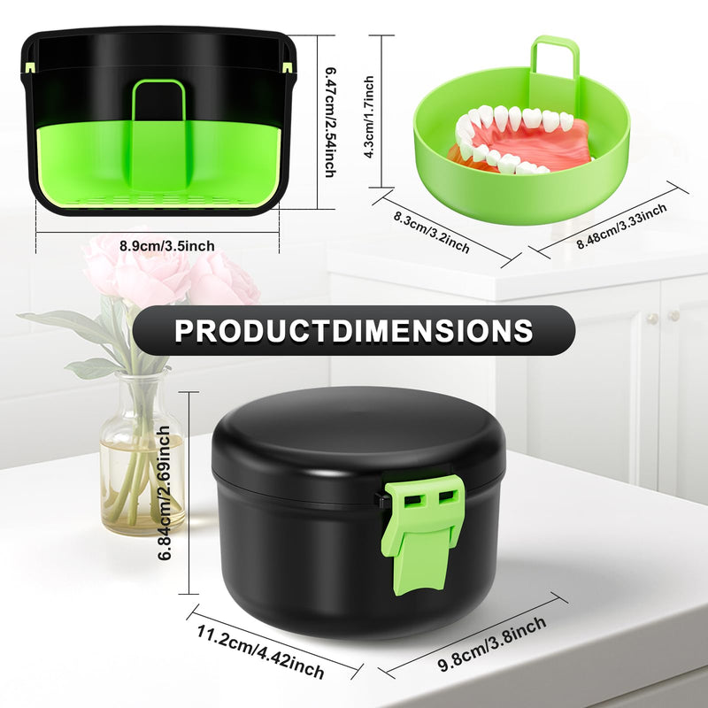 Denture Bath Cup, Leak Proof Denture Case for Travel, False Teeth Container for Soaking Dentures & Retainer, Retainer Cleaner Case, Black+Light Green. Black + Light Green