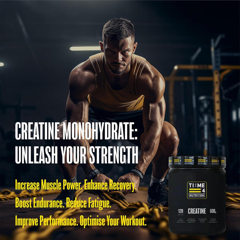Time 4 Creatine Powder 600g - 120 x 5g Servings - Micronised Creatine Monohydrate Powder, Unflavoured 100% Pure Premium Grade Creatine Monohydrate, Easy to Mix, Vegan Friendly, Gluten Free, No Filler 600 g (Pack of 1)