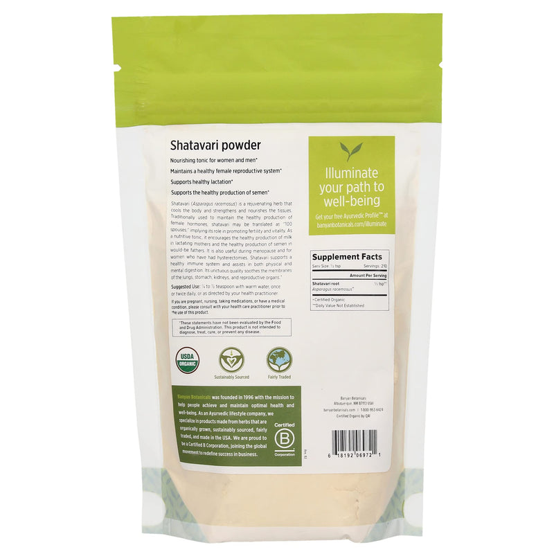 [Australia] - Banyan Botanicals Organic Shatavari Powder – Asparagus racemosus – Ayurvedic Herb for Vata & Pitta, Balanced Female Hormones, Energy, Vitality & More* – 1/2lb. ­– Non-GMO Sustainably Sourced Vegan FFL 8 Ounce (Pack of 1) 