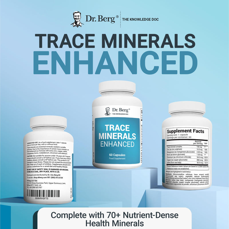 Dr. Berg's Trace Minerals Enhanced Complex - Complete with 70+ Nutrient-Dense Health Mineral - 100% Natural Ingredients - Dietary Supplements - 60 Capsules