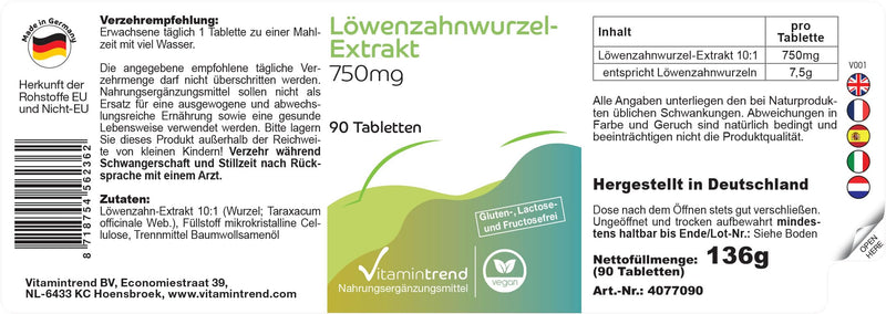 [Australia] - Dandelion extract 750mg - 90 tablets! 3 MONTH SUPPLY! - vegan - highly dosed - 10-fold concentrated | Vitamintrend® 