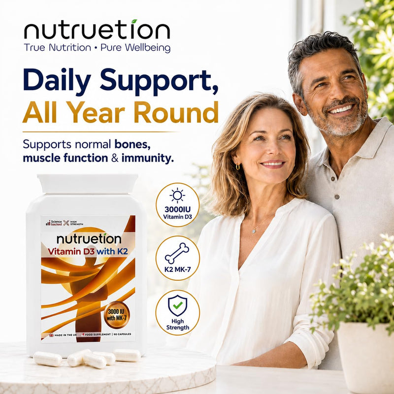 Vitamin D3 3000IU & K2 MK-7 100µg Capsules | High Strength D3 K2 Supplement for Bones, Immune & Muscle Support | 90 Vegetarian Capsules, UK Made, Non-GMO & Gluten Free
