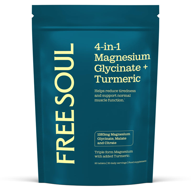 Magnesium Glycinate 4-in-1 Complex | 1283mg Bisglycinate, Citrate, Malate & 2000mg Turmeric & Black Pepper | 385mg Elemental High Absorption Magnesium Supplements | 90 Tablets | UK Made | Free Soul 90 count (Pack of 1)