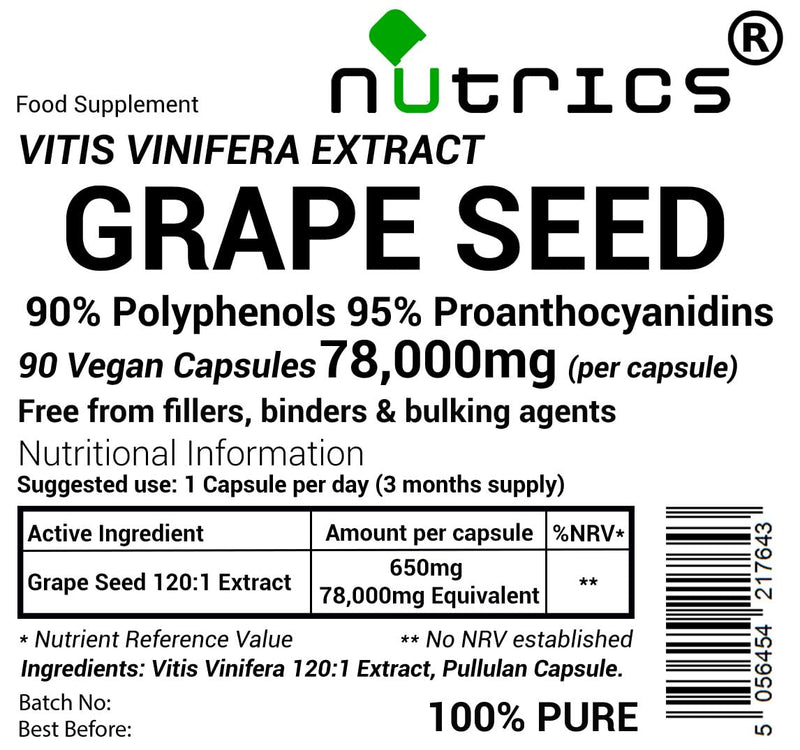 78,000mg (per Capsule) Grape Seed Extract 120:1 95% Proanthocyanidins 90% Polyphenols Pure 90 V Capsules (3 Months Supply) - Pure Grapeseed