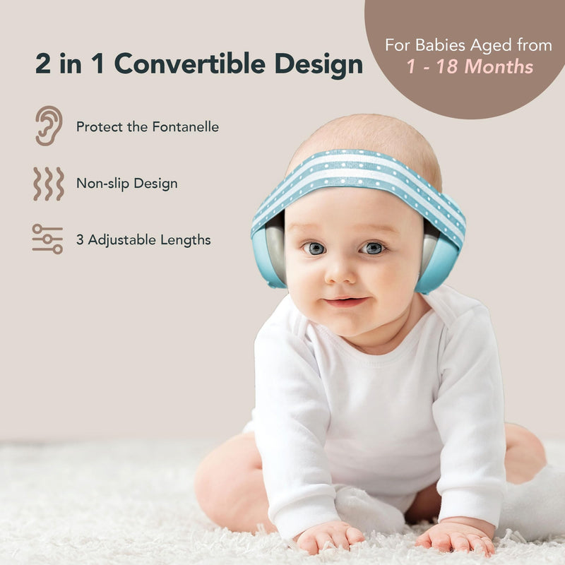 [Australia] - Moonybaby 2-in-1 Baby Ear Protection, Comfortable Headphones, Noise Cancelling, Adjustable Baby Headphones with Stretchy Band Blue 