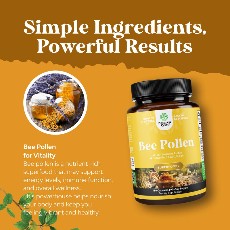 Bee Pollen Pills for Breast Growth 180 Ct - Bee Pollen Supplement 1000mg Serving with Naturally Occurring B Vitamins Minerals & Enzymes - Breast Support Supplement - Vegetarian Non-GMO & Gluten Free | Bee pollen capsules to support breast growth, fulln...