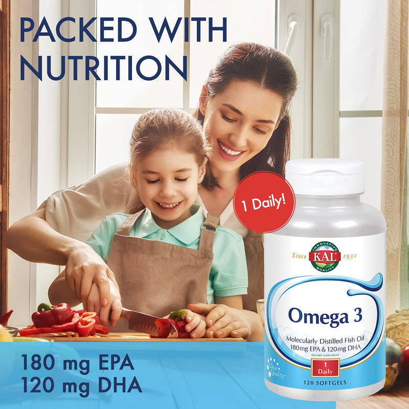 KAL 450/300 Molecularly Distilled Fish Oil Softgels - 1280 mg of Omega 3, Natural Omega 3 Supplement for Men & Women, Non GMO, Lemon Flavored - 120 Count | 1280 mg of Omega 3, Natural Omega 3 Supplement for Men & Women, Non GMO, Lemon Flavored