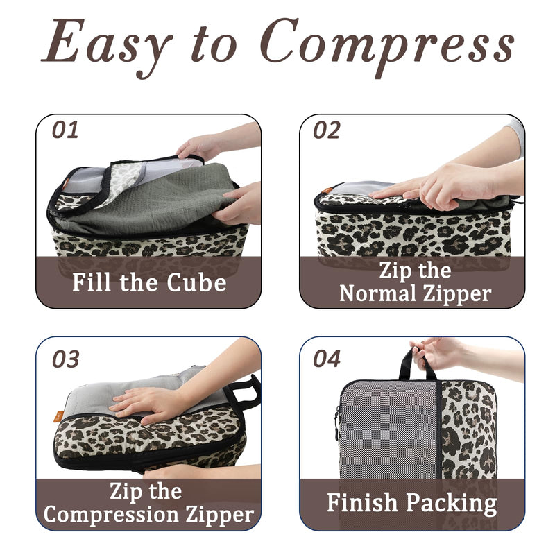 U+U 10 Set Compression Packing Cubes, Travel Organizers (Leopard) | Space-Saving & Complete Travel Set Leopard-02