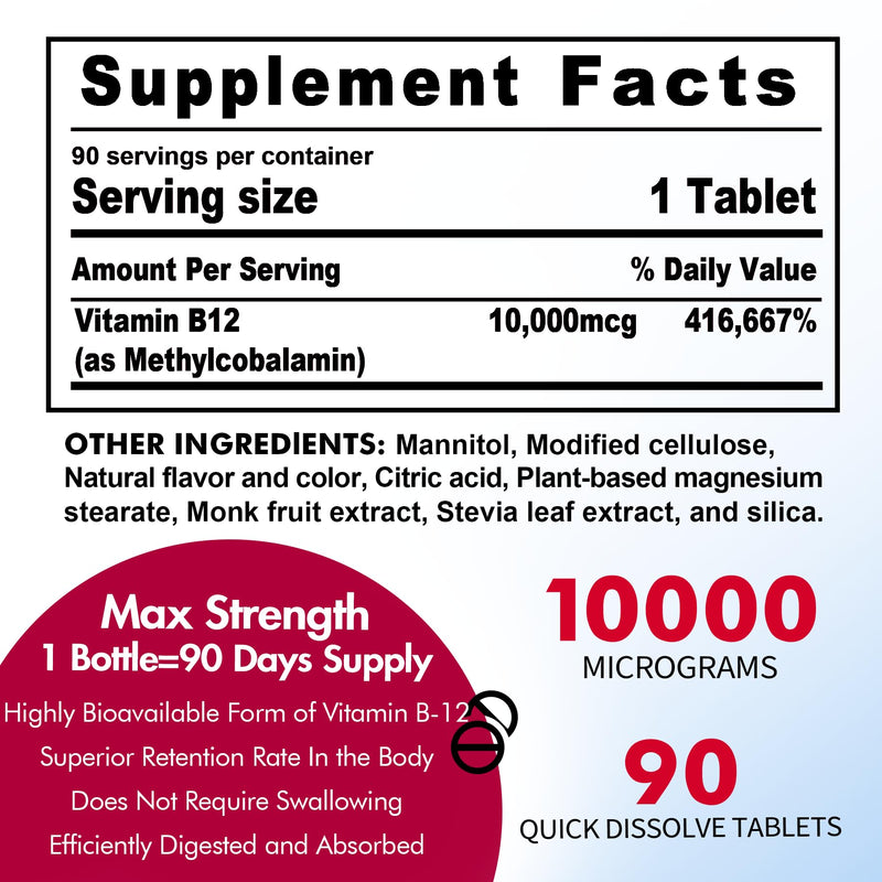 Vitamin B12 10,000 mcg Sublingual, Methylcobalamin, Sugar Free,270 Servings | Methylated Vitamin B12 Sublingual for Energy Boost, Metabolism, Blood Cell Function, Methylation, Vegan, No-GMO Fast Dissolve 90 Count (Pack of 3)