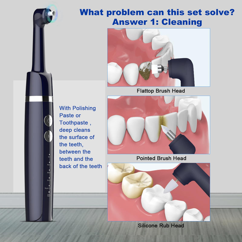 [Australia] - Tooth Polisher,Teeth Polishing Kit for Daily Cleaning,Polishing Then Whitening of Tooth (Professional Toothpaste Include),USB Rechargeable Dental Polisher with LED Light,6 Heads,5 Speed Modes Morandi Blue 
