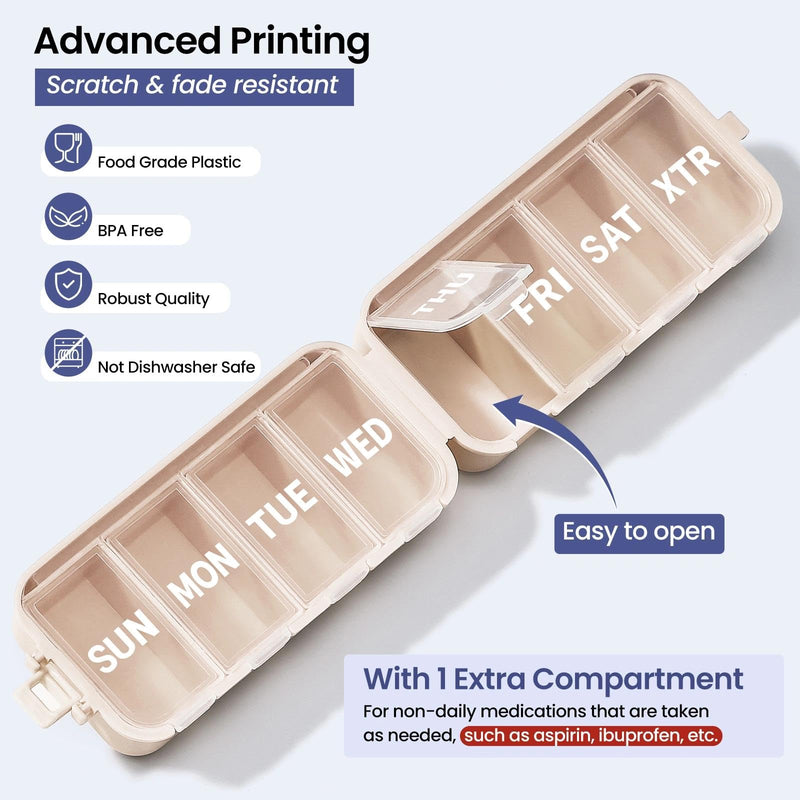 Foldable & Portable Weekly Pill Organizer, Week Daily 7 Day Travel Pill Box | 1 Time A Day, with 1 Extra Compartment, Double Lock, Large Medicines Case Holder Dispenser for Med, Vitamin, Supplement,Khaki Khaki
