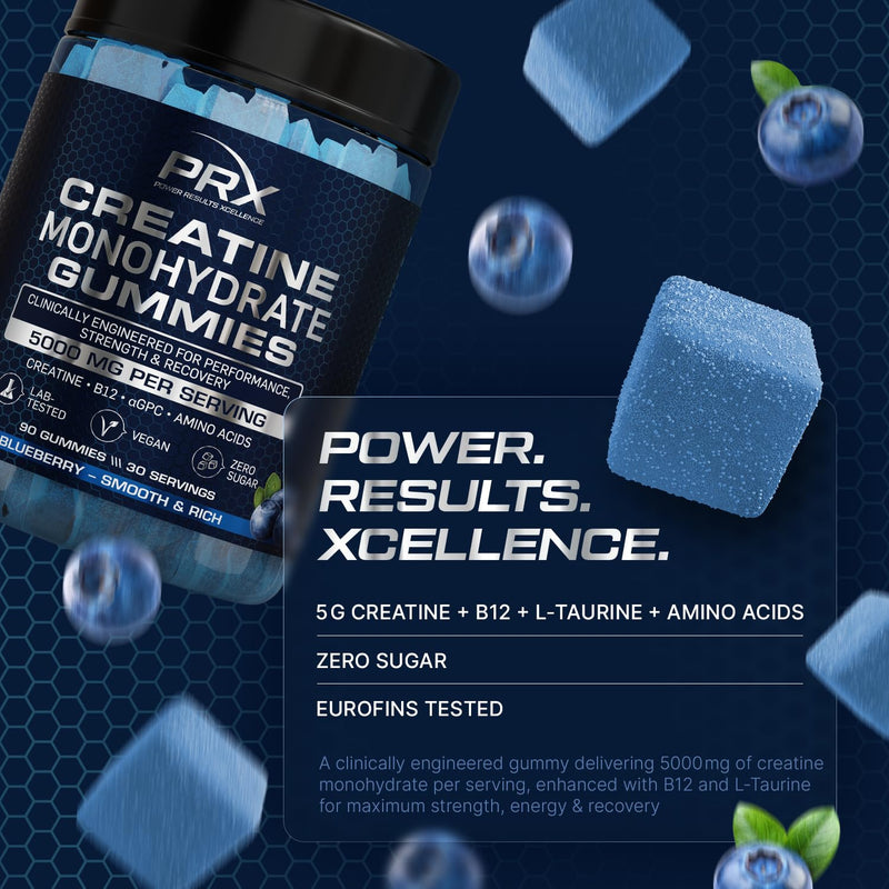 PRX Creatine Gummies 5000mg – Blueberry | Vegan Creatine Monohydrate with B12, L-Taurine & Amino Acids | Muscle Growth, Strength & Recovery | Zero Sugar • Eurofins Tested • 90 Gummies (Blueberry)