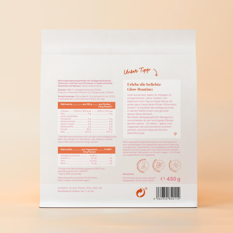 [Australia] - Glow25® Collagen Plus [450g] - with vitamin C, zinc and biotin - premium collagen hydrolyzate - peptides type 1 and 3 - perfect solubility 450g 