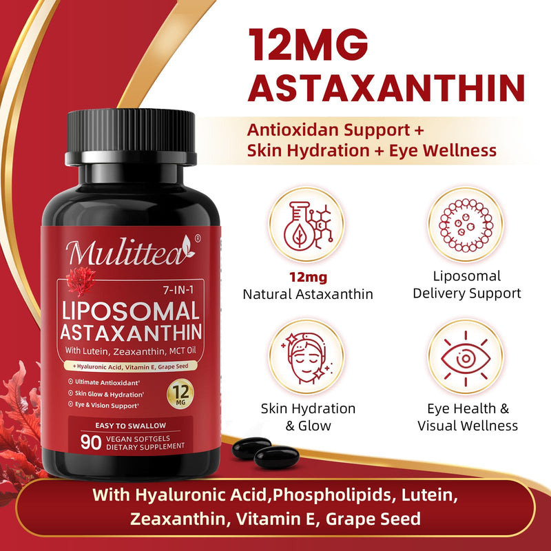 Liposomal Astaxanthin 12mg with Hyaluronic Acid & Lutein for Skin & Eye | 7-IN-1 Vegan Softgels with Vitamin E, Zeaxanthin, Phospholipids & MCT for Antioxidant, Skin Hydration, GMP, Gluten Free, 90ct 90 Count (Pack of 1)