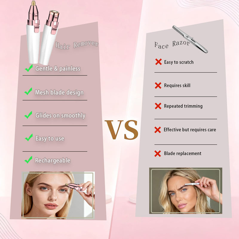 Eyebrow Trimmer Facial Hair Removal for Women, 2 in 1 Electric Rechargeable Face Shaver & Eyebrow Razor with Painless Gentle Trimming - for Face, Upper Lip, Eyebrows