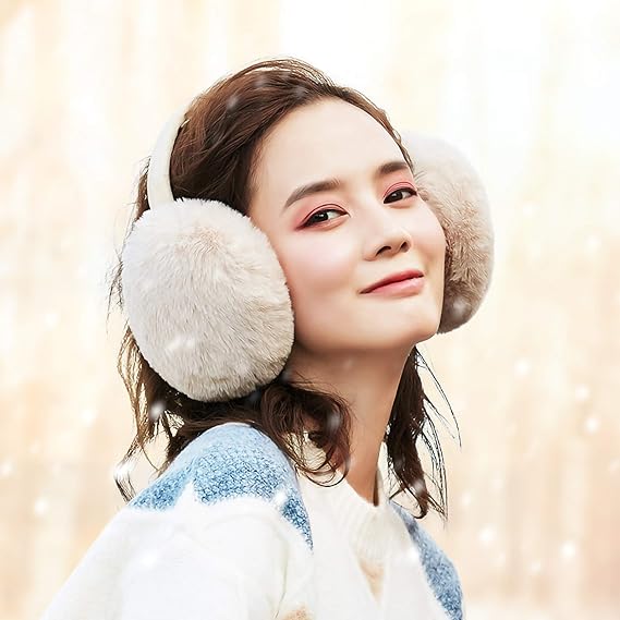 [Australia] - LETHMIK Womens Faux Fur Earmuffs Foldable Big Winter Outdoor Ear Warmers Beige One Size 