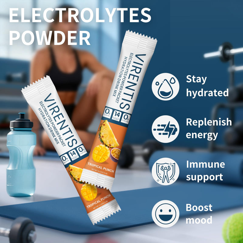 16 Sticks Electrolytes Powder Packets Sugar Free Hydration Packets Liquid Daily IV Electrolyte Drink Mix for Rehydration with 8 Electrolytes & 6 Vitamins, Low Sodium, Tropical Punch 2 Ounce (Pack of 1)