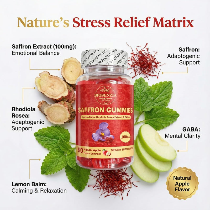 Saffron Flavoured Gummies with Lemon Balm & Rhodiola – Soft Supplement Fruit Gummies – Apple Flavour – Vegetarian – 60 Gummies