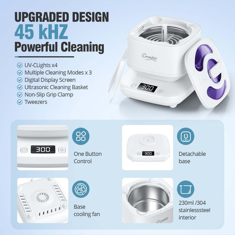 [Australia] - Ultrasonic Retainer Cleaner, Detachable 45kHz Retainer Cleaner Machine 3 Modes Dental Cleaning Pod with Visible Window Digital Timer for Mouth Guard, Dentures, Aligner, Braces, Jewelry - White 