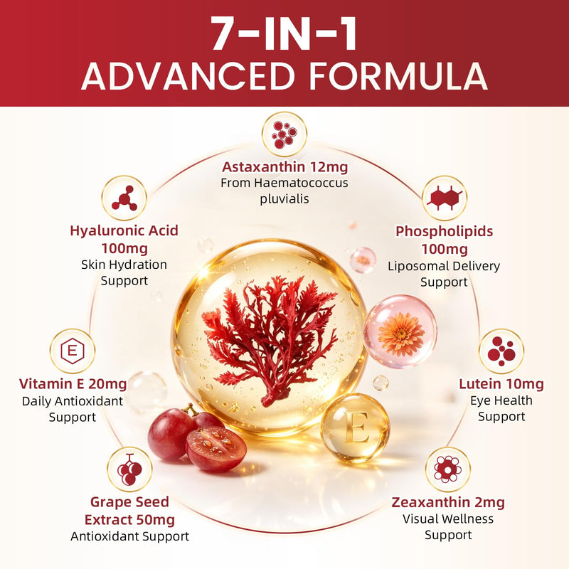 Liposomal Astaxanthin 12mg with Hyaluronic Acid & Lutein for Skin & Eye | 7-IN-1 Vegan Softgels with Vitamin E, Zeaxanthin, Phospholipids & MCT for Antioxidant, Skin Hydration, GMP, Gluten Free, 90ct 90 Count (Pack of 1)