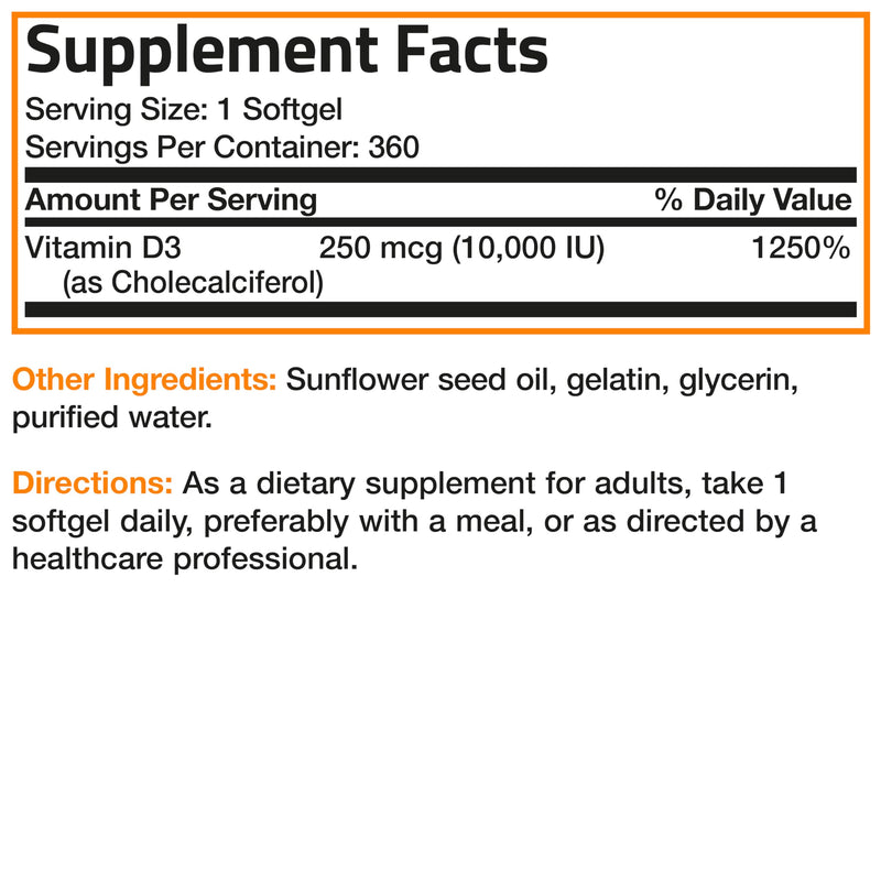 Bronson Vitamin D3 10,000 IU (250 mcg) Immune Support, 360 Softgels | Bone, Muscle, Teeth & Nervous System Support, Once-Daily, Non-GMO, Gluten-Free & Soy-Free 360 Count (Pack of 1)