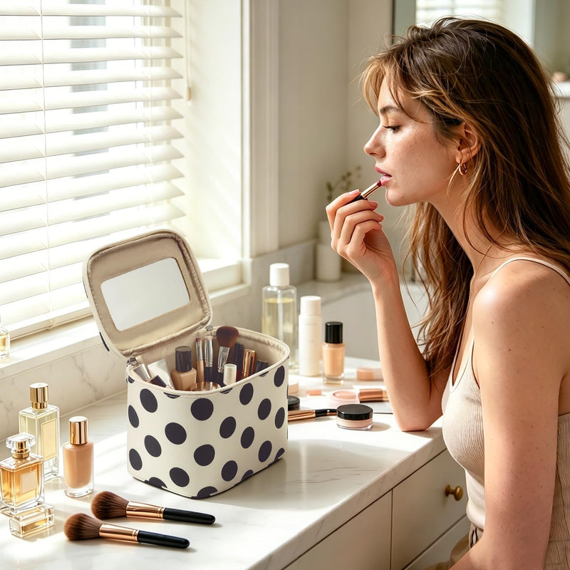 Small Mirror Cosmetic Pouch + Medium Handheld Travel Makeup Bag (Polka Dot)
