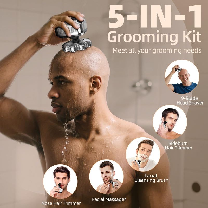 [Australia] - 9D Head Shavers for Bald Men, 5 in 1 Detachable Head Shaver with LED Display, IPX7 Waterproof Wet Dry Rechargeable Electric Shavers for Men Grooming Kit for Home & Travel Gunmetal 