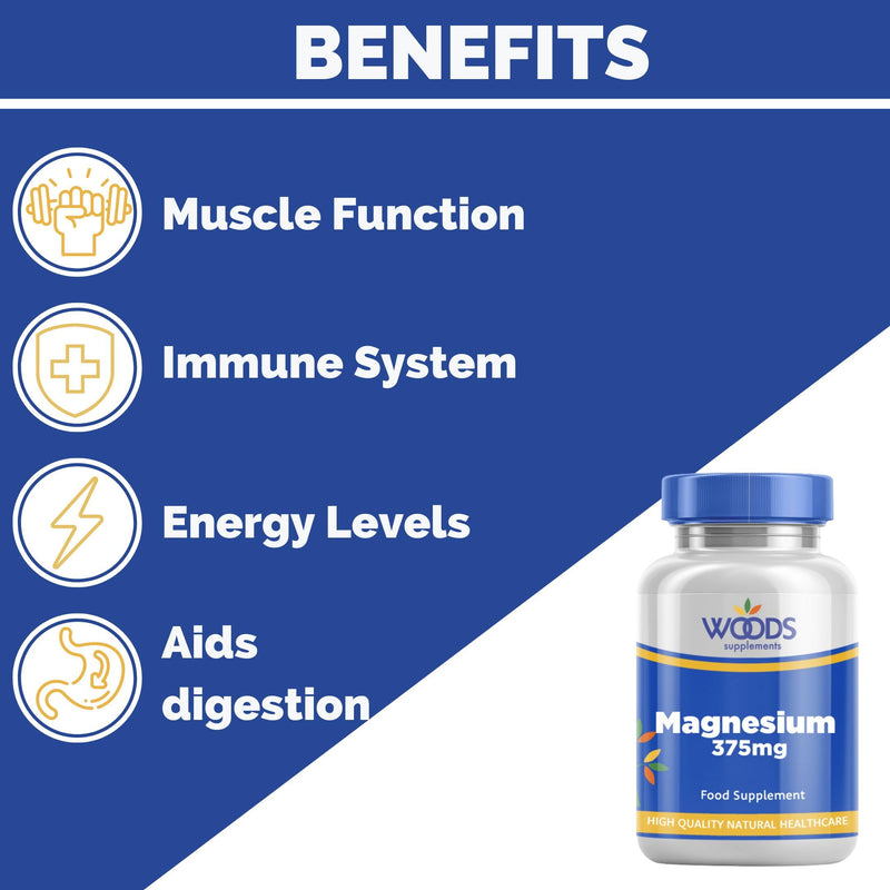 Woods Supplements - 375mg High Strength Magnesium Citrate 60x Vegan Tablets. High Absorption Magnesium Mineral Complex for Energy Production, Muscles, Nervous System & Heart Health 60