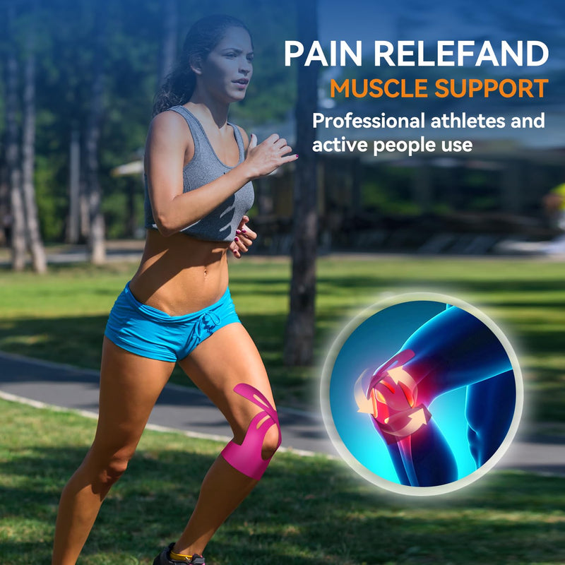 Precut Kinesiology Tape for Knees and Shoulders - 20 pcs Waterproof &Elastic for Yoga, Running, Pilates - Breathable Hypoallergenic Latex-Free Athletic Tape ；Blue and Pink