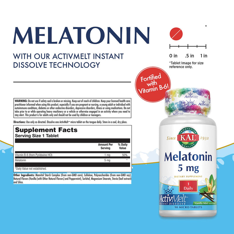 KAL Melatonin 5mg Sleep Aid for Adults with Vitamin B6, 90 Micro Tablets | Supports Restful Relaxation and a Healthy Sleep Cycle - Fast-Dissolving ActivMelts, Natural Vanilla Mint Flavor, Vegetarian 90 Count (Pack of 1)